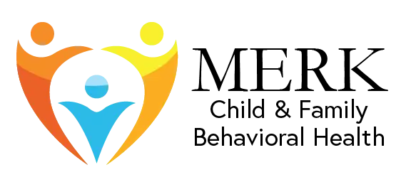 Merk Behavioral health Logo two stylized parental figures surround a child figure